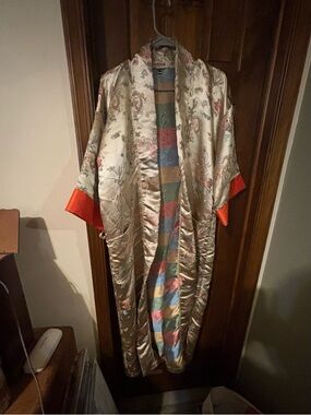 Vintage Champagne Satin Kimono with Colorful Striped Lining and Red Cuffs